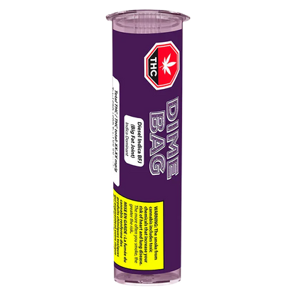 Tall vertical photo of a purple Dime Bag Diesel BFJ PR 1 x 1.5 g tube with a red THC symbol and yellow warning panel.