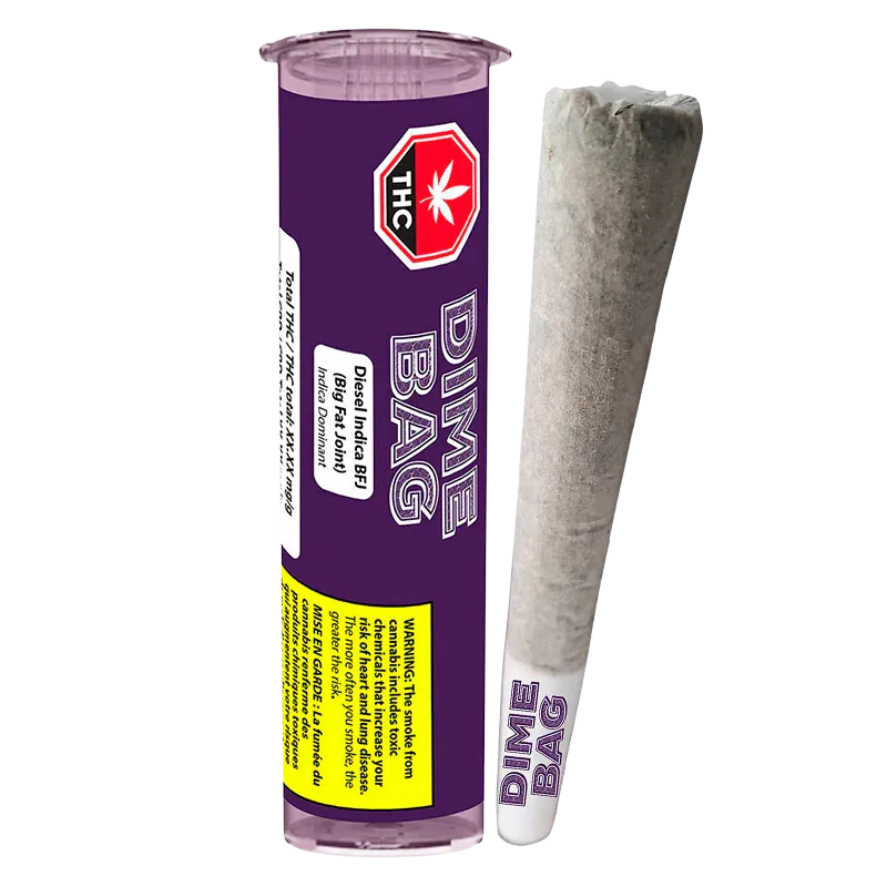 Angled front view of a purple Dime Bag tube and a pre-rolled joint standing beside it, labeled "Diesel BFJ PR 1 x 1.5 g".
