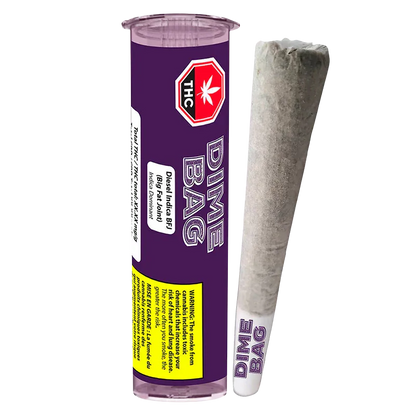 Angled front view of a purple Dime Bag tube and a pre-rolled joint standing beside it, labeled "Diesel BFJ PR 1 x 1.5 g".