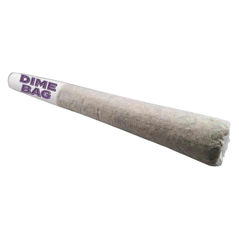 Angled close-up of a rolled joint with a paper tip labeled "DIME BAG," showing the texture and tapered shape of the Diesel BFJ PR 1 x 1.5 g.