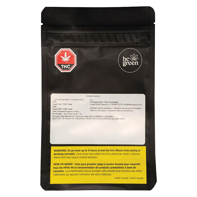 Front view of the black pouch labeled Frosted Gumbo by bc green, photographed on a white background showing THC and warning panels.