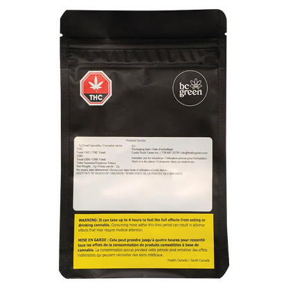 Front view of the black pouch labeled Frosted Gumbo by bc green, photographed on a white background showing THC and warning panels.