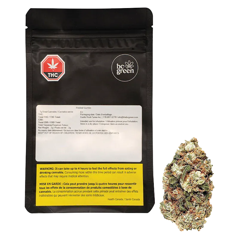 Front view of the black BC Green Frosted Gumbo pouch and a single cannabis bud shown to its right on a white background.