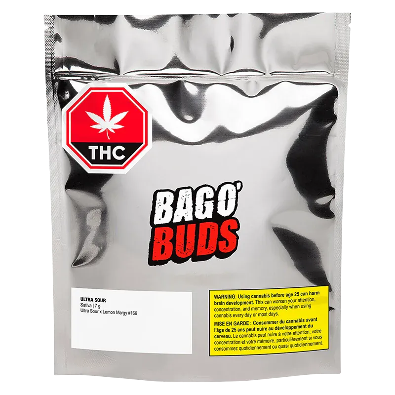 Front-facing shot of the reflective silver pouch labeled BAGO' BUDS Ultra Sour with a red THC warning badge and yellow usage label.