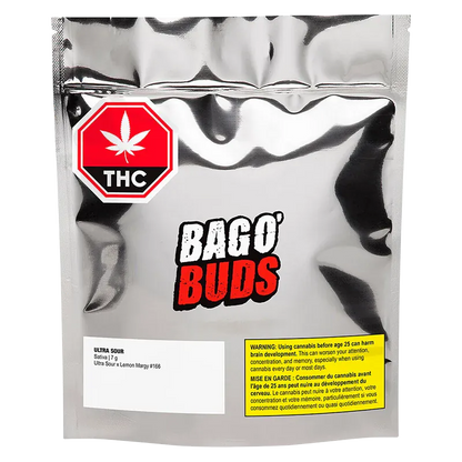 Front-facing shot of the reflective silver pouch labeled BAGO' BUDS Ultra Sour with a red THC warning badge and yellow usage label.
