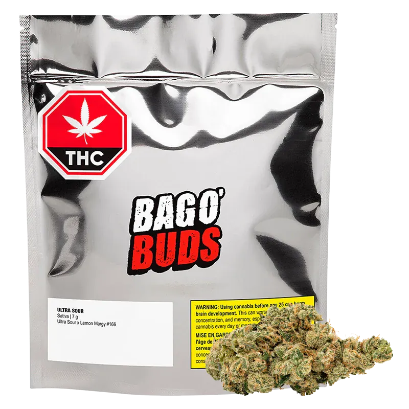 Front-facing shot of a silver pouch and bud labeled BAGO' BUDS Ultra Sour, with a red THC symbol at top left and a cannabis nugget resting at bottom right