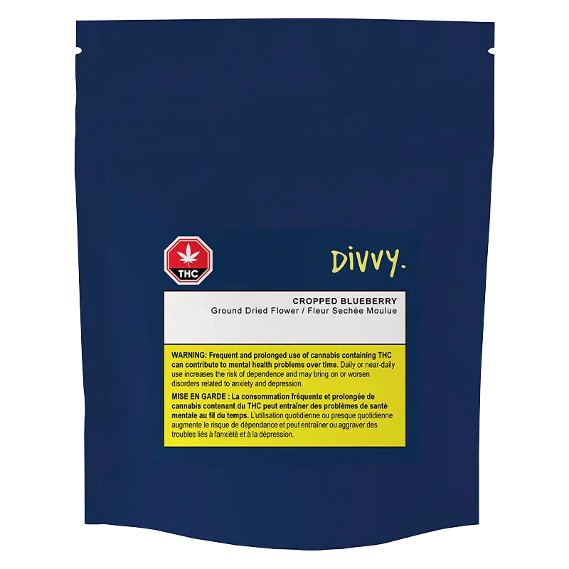 Front-facing shot of the navy pouch labeled "Divvy. Cropped Blueberry" with a central white product label and yellow THC warning panel.