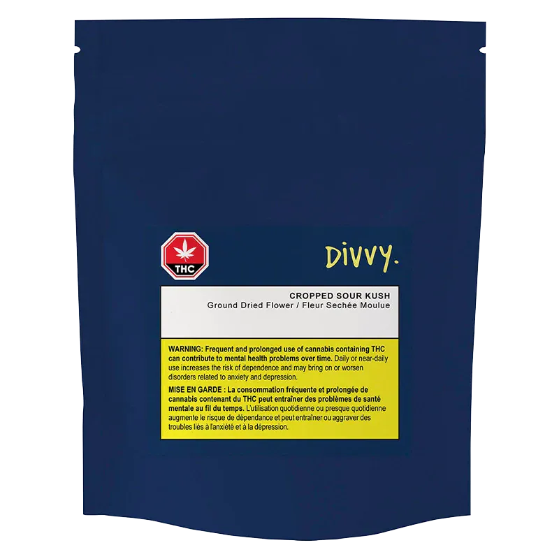 Front-facing navy pouch with a white label and yellow warning box, showing the Divvy. Cropped Sour Kush branding.