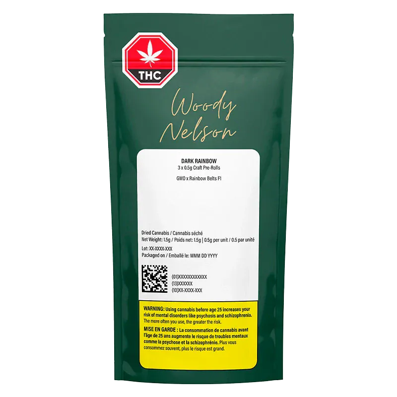 Front-facing image of a green pouch labeled "Dark Rainbow Craft PR 3 x 0.5 g" with a white product label, THC symbol, and yellow warning box.