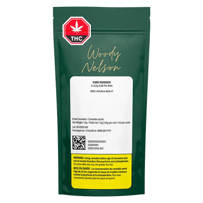 Front-facing image of a green pouch labeled "Dark Rainbow Craft PR 3 x 0.5 g" with a white product label, THC symbol, and yellow warning box.