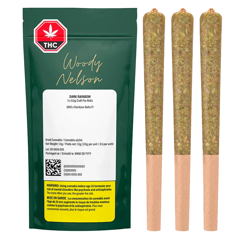 Front view of a green Woody Nelson Dark Rainbow Craft PR 3 x 0.5 g pouch standing beside three upright pre-rolls on a white background