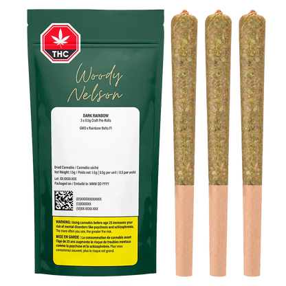 Front view of a green Woody Nelson Dark Rainbow Craft PR 3 x 0.5 g pouch standing beside three upright pre-rolls on a white background