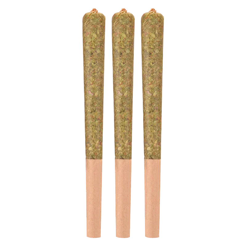 Front-facing image of three evenly spaced Dark Rainbow Craft PR 3 x 0.5 g pre-rolls with twisted tips on a white background