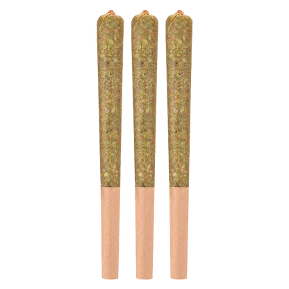 Front-facing image of three evenly spaced Dark Rainbow Craft PR 3 x 0.5 g pre-rolls with twisted tips on a white background