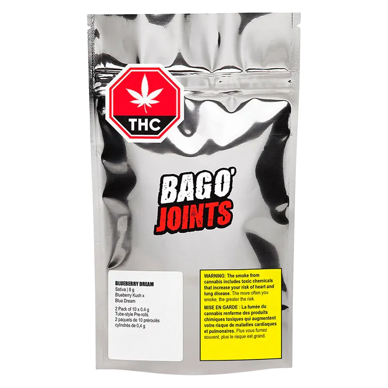 Front-facing shot of the metallic pouch labeled Blueberry Dream Tube Style PR 20 x 0.4 g with a red THC stop sign and bold "BAGO' JOINTS" logo.