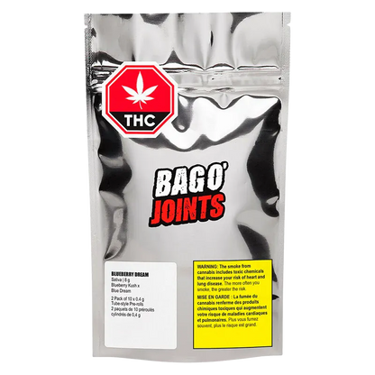 Front-facing shot of the metallic pouch labeled Blueberry Dream Tube Style PR 20 x 0.4 g with a red THC stop sign and bold "BAGO' JOINTS" logo.
