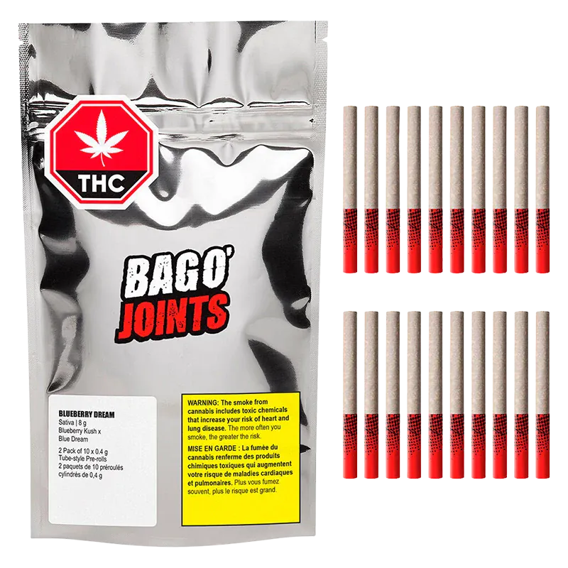 Front-facing shot of a silver pouch and two rows of pre-rolls showing the Blueberry Dream Tube Style PR 20 x 0.4 g branding.