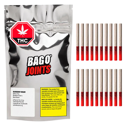 Front-facing shot of a silver pouch and two rows of pre-rolls showing the Blueberry Dream Tube Style PR 20 x 0.4 g branding.