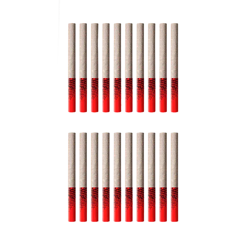 Top-down view of two neat rows of tube-style Blueberry Dream Tube Style PR 20 x 0.4 g with red patterned caps against a white background