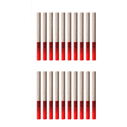 Top-down view of two neat rows of tube-style Blueberry Dream Tube Style PR 20 x 0.4 g with red patterned caps against a white background