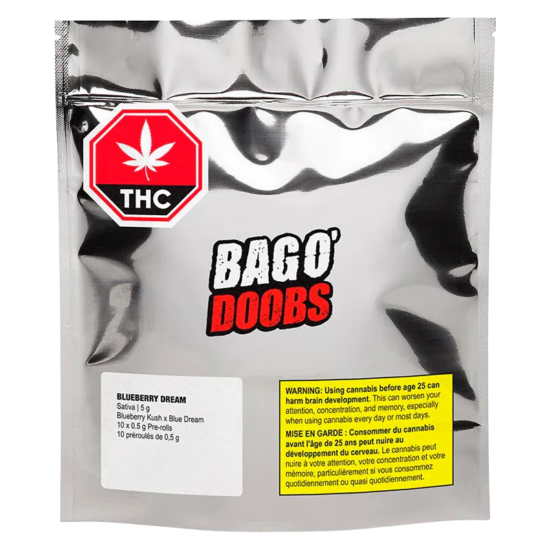 Front-facing shot of the reflective silver pouch labeled "BAGO' DOOBS" containing Blueberry Dream PR 10 x 0.5 g with warning labels visible