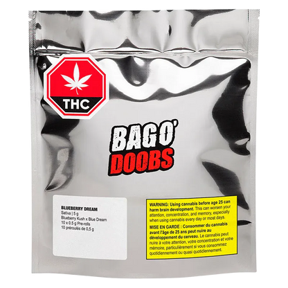 Front-facing shot of the reflective silver pouch labeled "BAGO' DOOBS" containing Blueberry Dream PR 10 x 0.5 g with warning labels visible