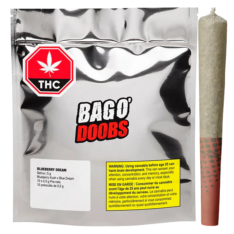 Front-facing shot of a metallic pouch and single pre-roll showing the "Blueberry Dream PR 10 x 0.5 g" branding on a reflective silver background.
