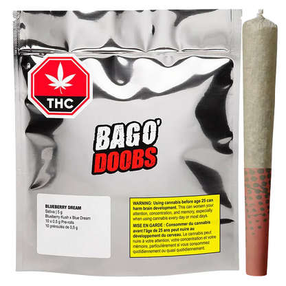 Front-facing shot of a metallic pouch and single pre-roll showing the "Blueberry Dream PR 10 x 0.5 g" branding on a reflective silver background.