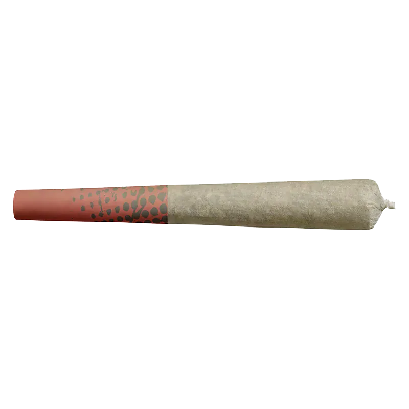 Side view of a rolled joint with a red patterned filter labeled Blueberry Dream PR 10 x 0.5 g, shown on a white background.