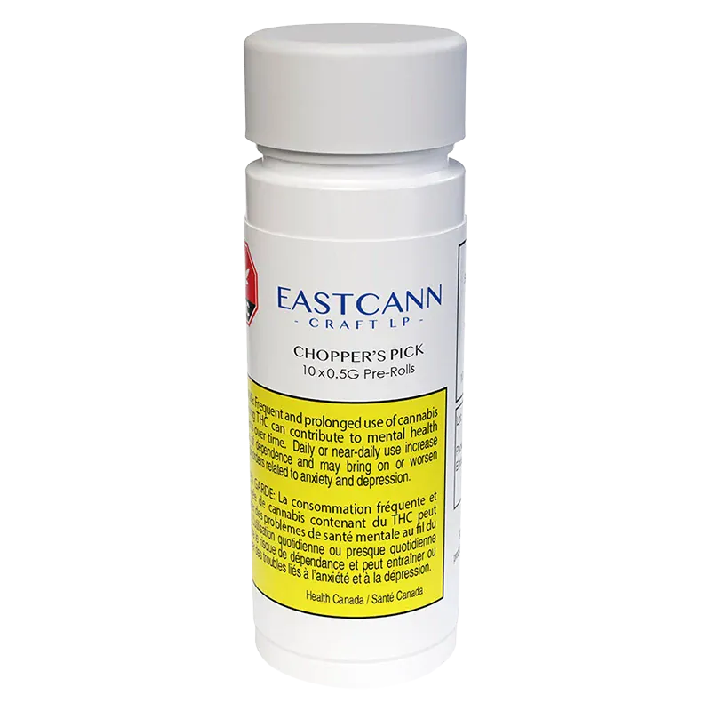Front-facing shot of the white cylindrical container labeled Chopper's Pick PR 10 x 0.5 g showing the Eastcann logo and a yellow health warning panel.