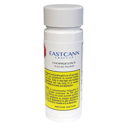 Front-facing shot of the white cylindrical container labeled Chopper's Pick PR 10 x 0.5 g showing the Eastcann logo and a yellow health warning panel.
