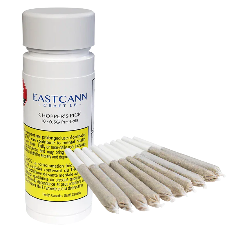 Front-angle shot of a white plastic tube and a fanned row of pre-rolled joints beside it labeled Chopper's Pick PR 10 x 0.5 g.