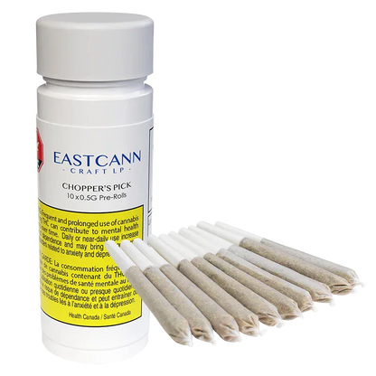 Front-angle shot of a white plastic tube and a fanned row of pre-rolled joints beside it labeled Chopper's Pick PR 10 x 0.5 g.