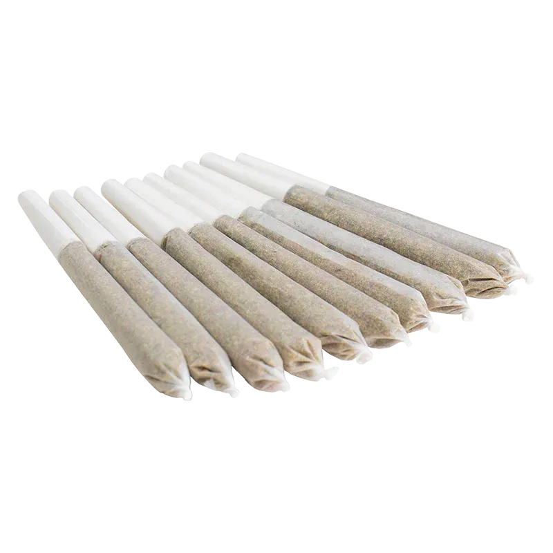 Angled close-up of a neat row of pre-rolled joints showing paper tips and twisted ends, labeled Chopper's Pick PR 10 x 0.5 g.