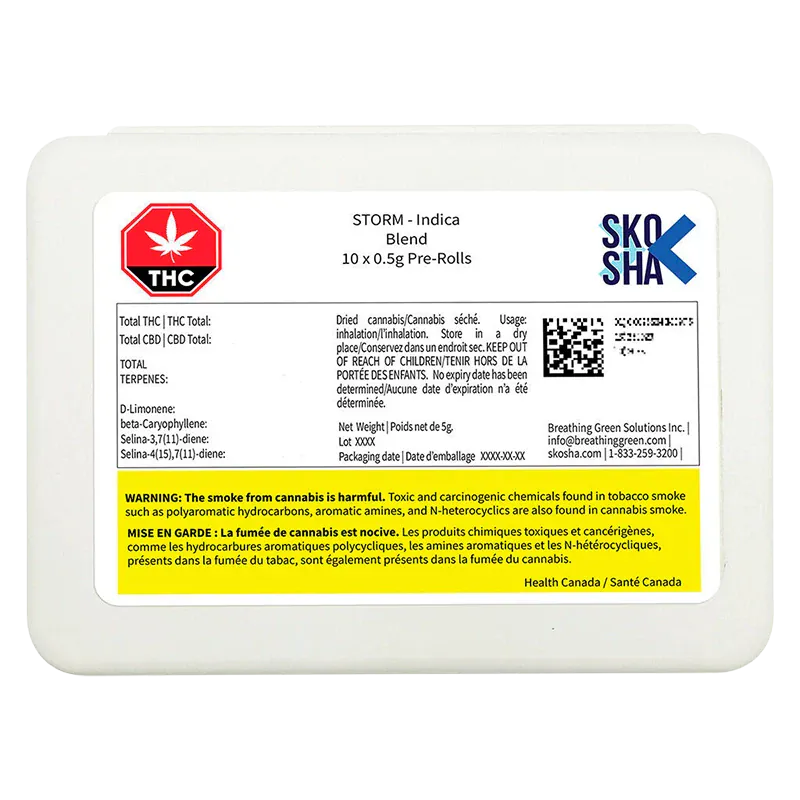 Top-down view of the white rectangular carton labeled "Storm Indica PR 10 x 0.5 g" with a THC stop sign icon, Skosha logo, and yellow health warning strip.