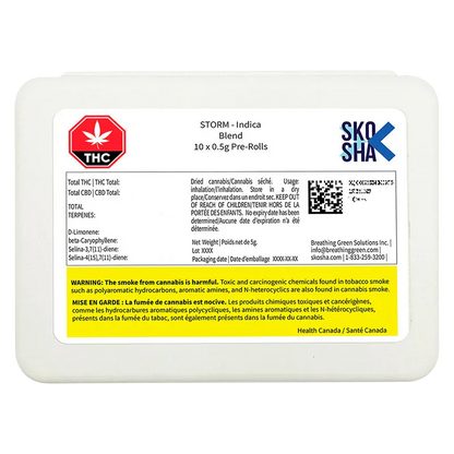 Top-down view of the white rectangular carton labeled "Storm Indica PR 10 x 0.5 g" with a THC stop sign icon, Skosha logo, and yellow health warning strip.