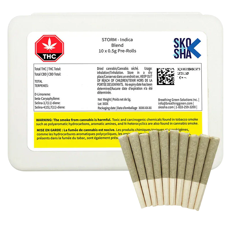 Pack shot of a white plastic tray and fan of ten rolled joints labeled "Storm Indica PR 10 x 0.5 g" with a yellow warning panel.