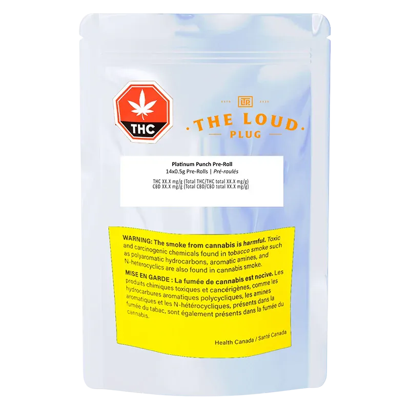 Front-facing shot of a glossy pouch labeled "Platinum Punch PR 14 x 0.5 g" with a red THC symbol and a yellow health warning panel.