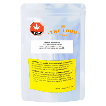Front-facing shot of a glossy pouch labeled "Platinum Punch PR 14 x 0.5 g" with a red THC symbol and a yellow health warning panel.