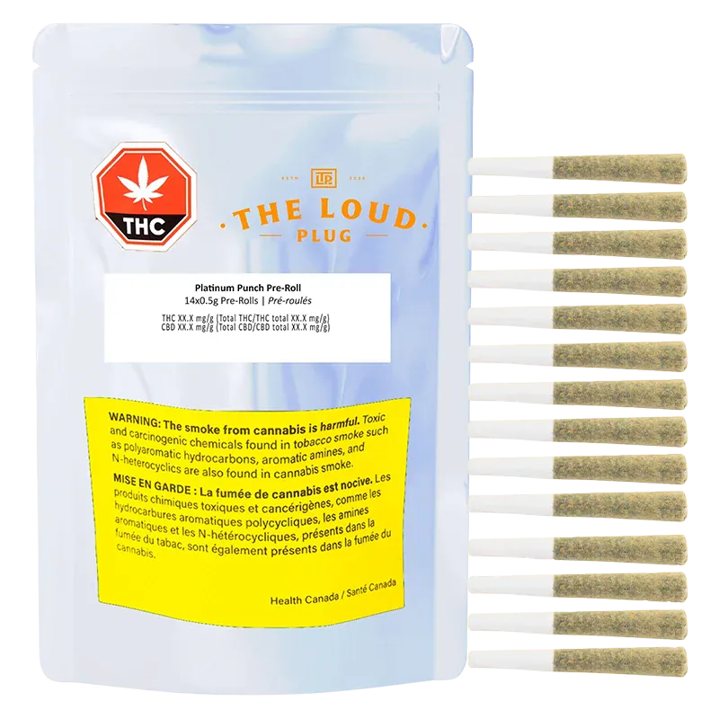 Front-facing shot of a light blue pouch and a vertical row of pre-rolls showing the Platinum Punch PR 14 x 0.5 g packaging and its visible yellow warning label.