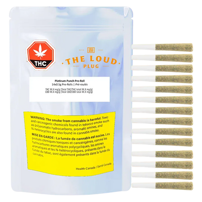 Front-facing shot of a light blue pouch and a vertical row of pre-rolls showing the Platinum Punch PR 14 x 0.5 g packaging and its visible yellow warning label.