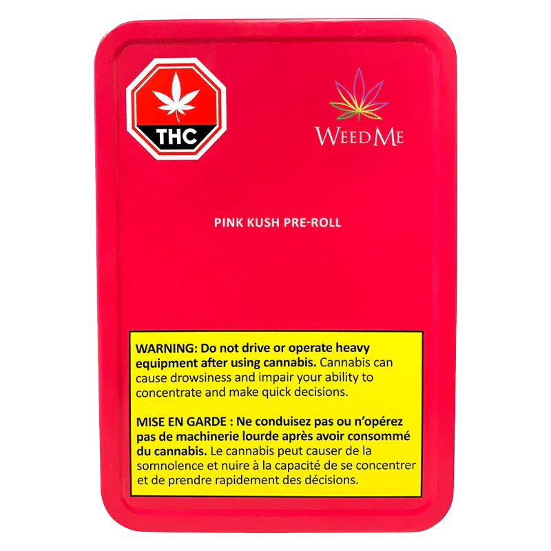 Top-down view of the bright pink WeedMe Pink Kush PR 10 x 0.5 g tin with THC symbol and a yellow warning label.