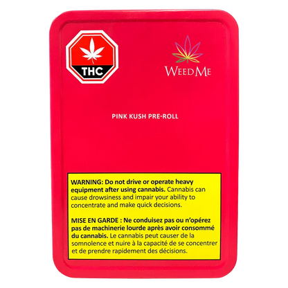 Top-down view of the bright pink WeedMe Pink Kush PR 10 x 0.5 g tin with THC symbol and a yellow warning label.