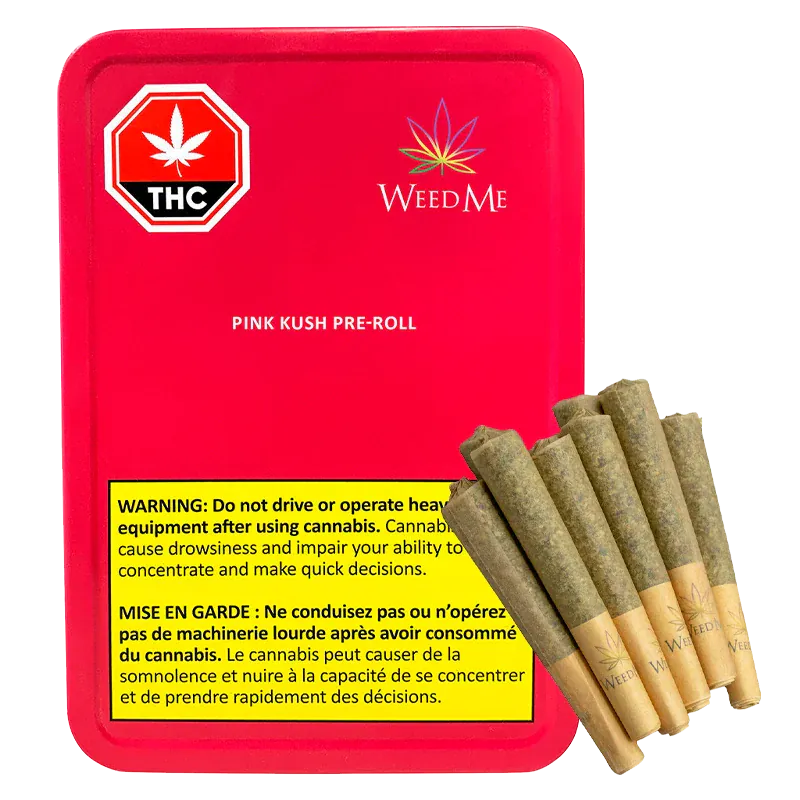 Angled view of a red tin and a fan of six pre-rolls labeled Pink Kush PR 10 x 0.5 g with visible THC symbol and warning label.