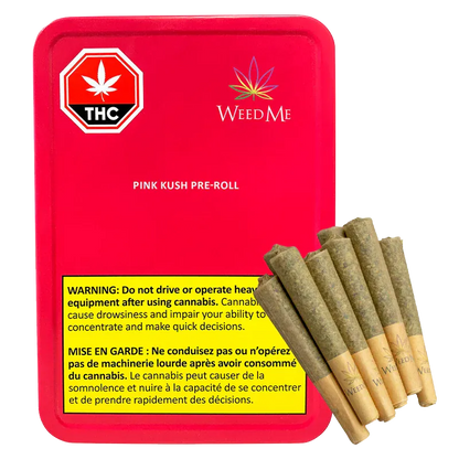 Angled view of a red tin and a fan of six pre-rolls labeled Pink Kush PR 10 x 0.5 g with visible THC symbol and warning label.
