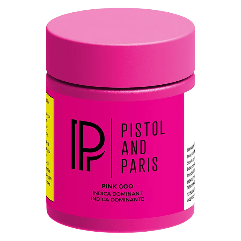 Front view of the bright pink Pistol and Paris Pink Goo jar with bold black logo and text on a white background.