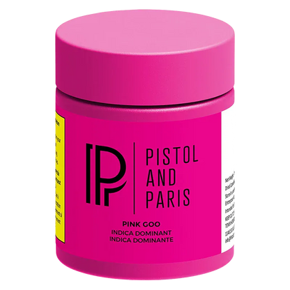 Front view of the bright pink Pistol and Paris Pink Goo jar with bold black logo and text on a white background.
