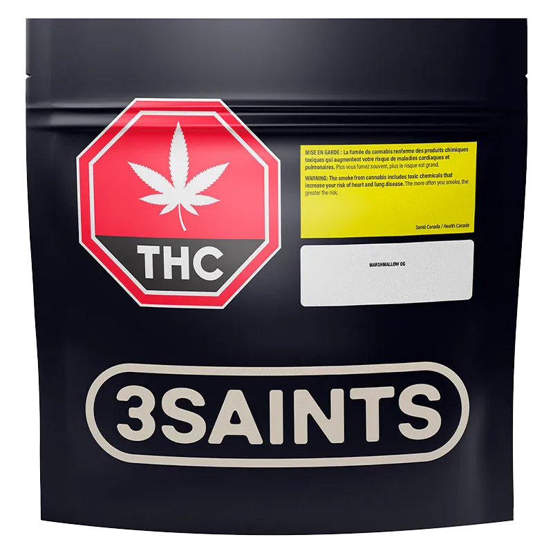 Front view of a black pouch labeled 3SAINTS with a red THC stop sign and a white sticker reading Marshmallow OG.