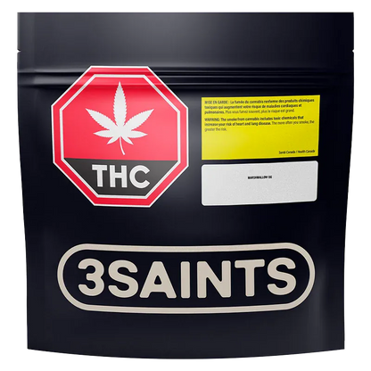 Front view of a black pouch labeled 3SAINTS with a red THC stop sign and a white sticker reading Marshmallow OG.