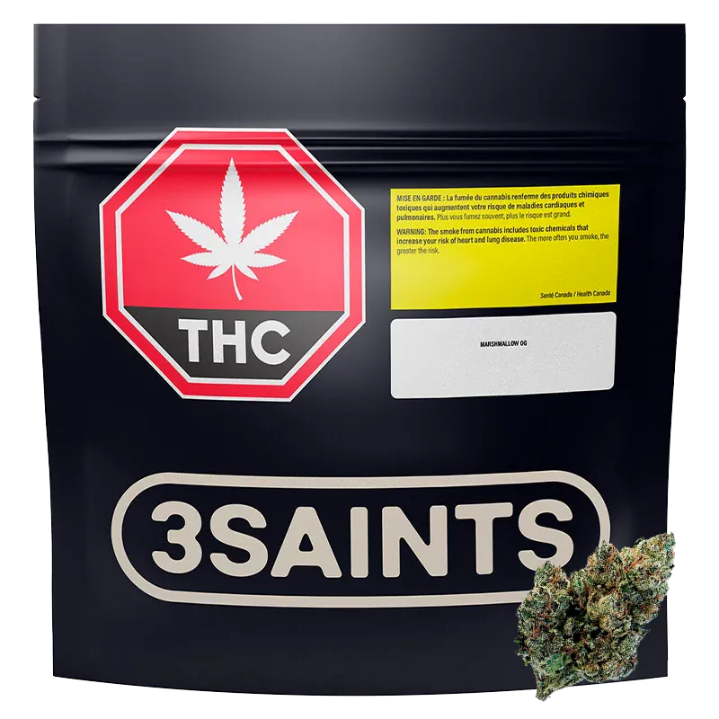 Front-facing shot of the 3SAINTS Marshmallow OG black resealable pouch with a red THC stop-sign label and a cannabis bud at the lower right.